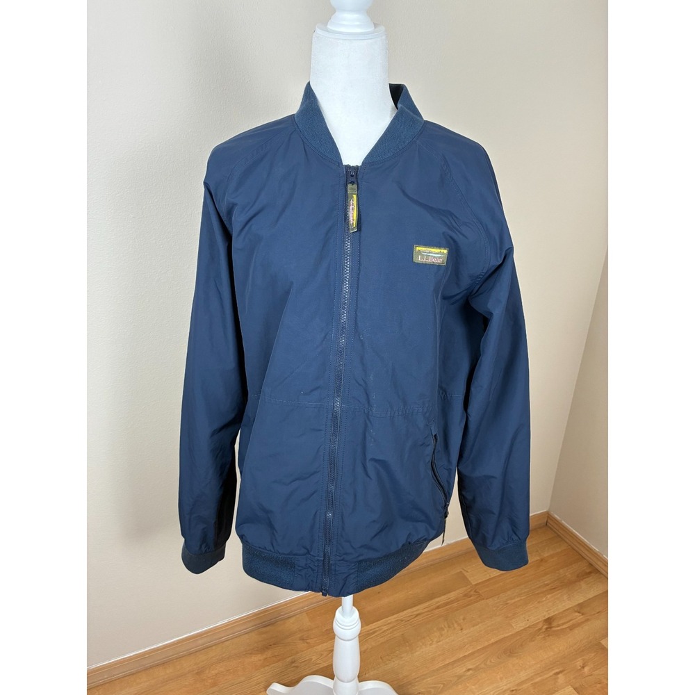 LL Bean Mens Warm-Up Jacket Navy Blue Fleece Lined Bomber 515868 Large Regular